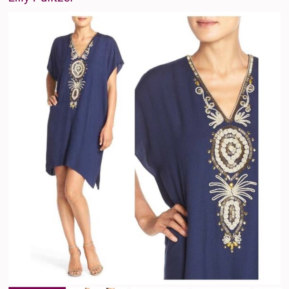 Lilly Pulitzer navy blue caftan dress with gold embellishment, EUC